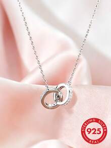 1pc S925 Sterling Silver Geometric Hollow Circle Necklace, Fashionable Light Luxury Personalized Exquisite Korean Minimalist Ins Cold Style Interlocking Design Niche Clavicle Chain, Suitable For Daily Casual Wear, Versatile Elegant Neck Accessory Gift - Ring - View 7