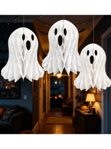 1 Set(2 Pcs) Halloween White Ghost Paper 3D Honeycomb Hanging Ornaments Halloween Night Hanging Decorations Living Room Garden Decor Spooky Cute Ghost Atmosphere Courtyard Arrangement Small Medium Size 2pcs Set Room Decor Home Decor Halloween Decor - Halloween Paper Ghost Figurines - View 7
