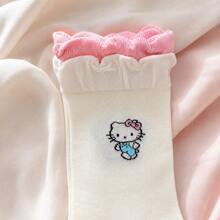 MINISO Sanrio Hello Kitty 刺繡中筒襪，粉色荷葉邊襪口，柔軟棉混紡，返校必備 - 樣式 5 - 查看 4