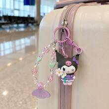 MINISO Sanrio Kuromi Purple Flower Beaded Wrist Strap Keychain, Cute Character Mini Figure Bag Charm With Glitter Bead Bracelet, Purple Clip Hook & Character Tag, Backpack Purse Accessory, Back To School Gift - Style 3 - View 4