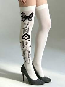 1 Pasang Kaos Kaki Panjang Selutut Motif Kupu-kupu dan Not Musik Ukuran Plus, Elastis, Seksi, Modis, dan Imut untuk Kencan Sehari-hari, Musim Semi, Musim Gugur, Perjalanan, dan Halloween - MultiWarna - View 1