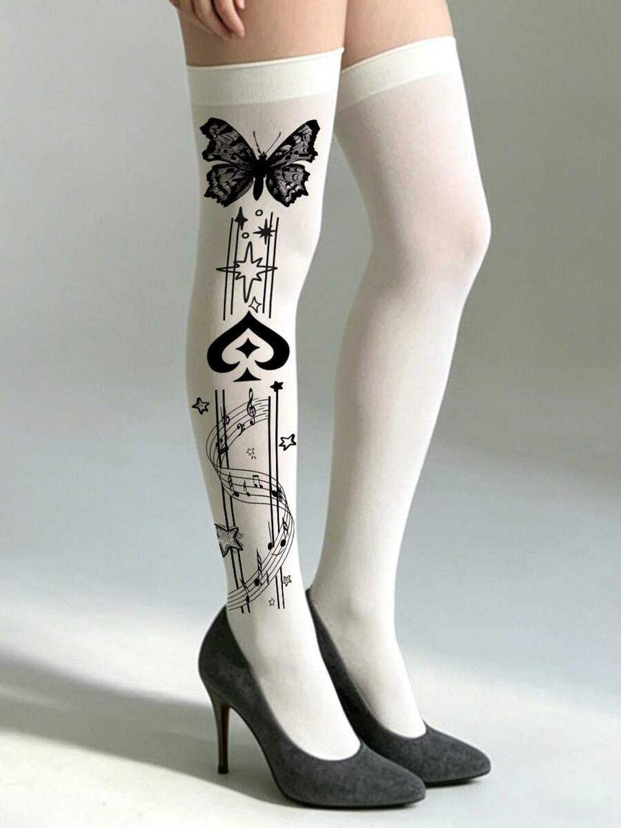 1 Pasang Kaos Kaki Panjang Selutut Motif Kupu-kupu dan Not Musik Ukuran Plus, Elastis, Seksi, Modis, dan Imut untuk Kencan Sehari-hari, Musim Semi, Musim Gugur, Perjalanan, dan Halloween - MultiWarna - View 1