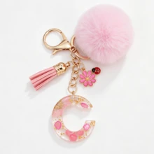 1pc Pink Glitter Letter Keychain (A-Z) - Dried Flower Shell Resin Letter Charm With Pop Pom Pom, Leather Tassel And Oil-Drip Daisy Beetle Accessory, Fashion Key Ring, Suitable For Bags/Cars, Cute Gift For Women And Mothers - Multicolor - View 21