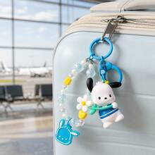 MINISO Sanrio Pochacco 藍色花朵串珠腕帶鑰匙圈，可愛角色迷你公仔包飾吊飾，附亮片珠飾手鍊、藍色夾扣鉤與角色吊牌，背包手提包配件，開學季禮物 - 樣式 2 - 查看 4