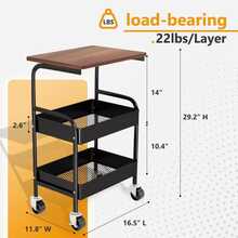 Rolling Cart With Wooden Tabletop, 2/3 Tier Metal Utility Cart, Rolling Storage Organizer Cart With Lockable Wheels For Kitchen Storage, Office, Bedroom - Brown - View 2