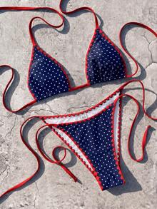 Women's Colorblock Ruffle Trim Bikini Set, Featuring Adjustable Triangle Cups And Tie Design, Suitable For Beach Vacation And Retro Style Summer - Coffee White - View 3