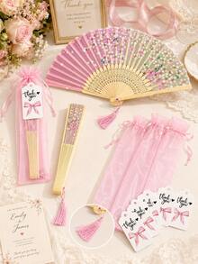 1-60件套粉色花卉竹製摺疊手扇，附歐根紗禮品袋與感謝標籤，婚禮賓客手扇，婚禮賓客伴手禮，新娘婚前派對禮物，伴娘禮物，準新娘禮物，花園婚禮與秋季婚禮裝飾 - 粉綠色 - 查看 6