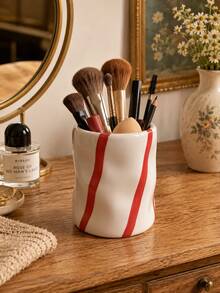 Asymmetrical Pleated Makeup Brush Holder Vertical Striped Cosmetic Storage Cup Red Blue Black Stripes Vintage Farmhouse Style Vanity Desktop Cute Decor Gift - Striped Corrugated Storage - View 13