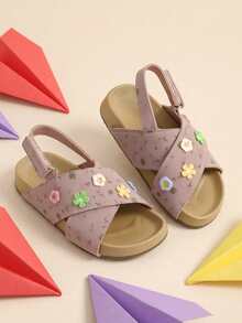 1 Pair Children's Sweet Floral Print Purple Sandals With Embroidered Flower Hook And Loop Strap, Suitable For Outdoor Play - Mauve Purple - View 1