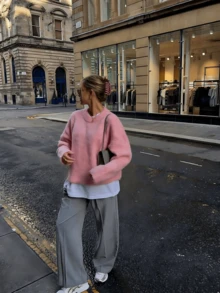Sweater Rajut Lembut dan Halus Leher Bulat Warna Pink untuk Wanita, Gaya Santai yang Lembut, Atasan Pullover Santai Musim Gugur/Dingin - Berwarna merah muda - View 3