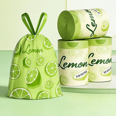 1 Roll 50pcs Thick Tear-Resistant Garbage Bags, Large Size, Printed With Vibrant Lime Pattern And Pleasant Fruity Scent, Convenient Drawstring Closure Design, Suitable For Kitchen, Office, Restaurant, Living Room, Outdoor, RV And Party