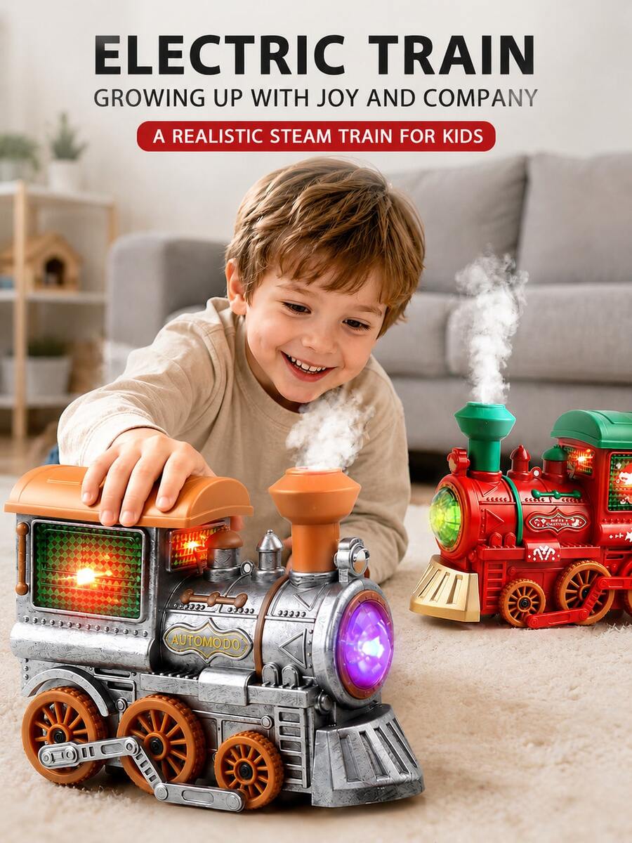 Juguete educativo de motor de tren estilo vintage con luz, música, humo y rociador omnidireccional eléctrico, adecuado para niños