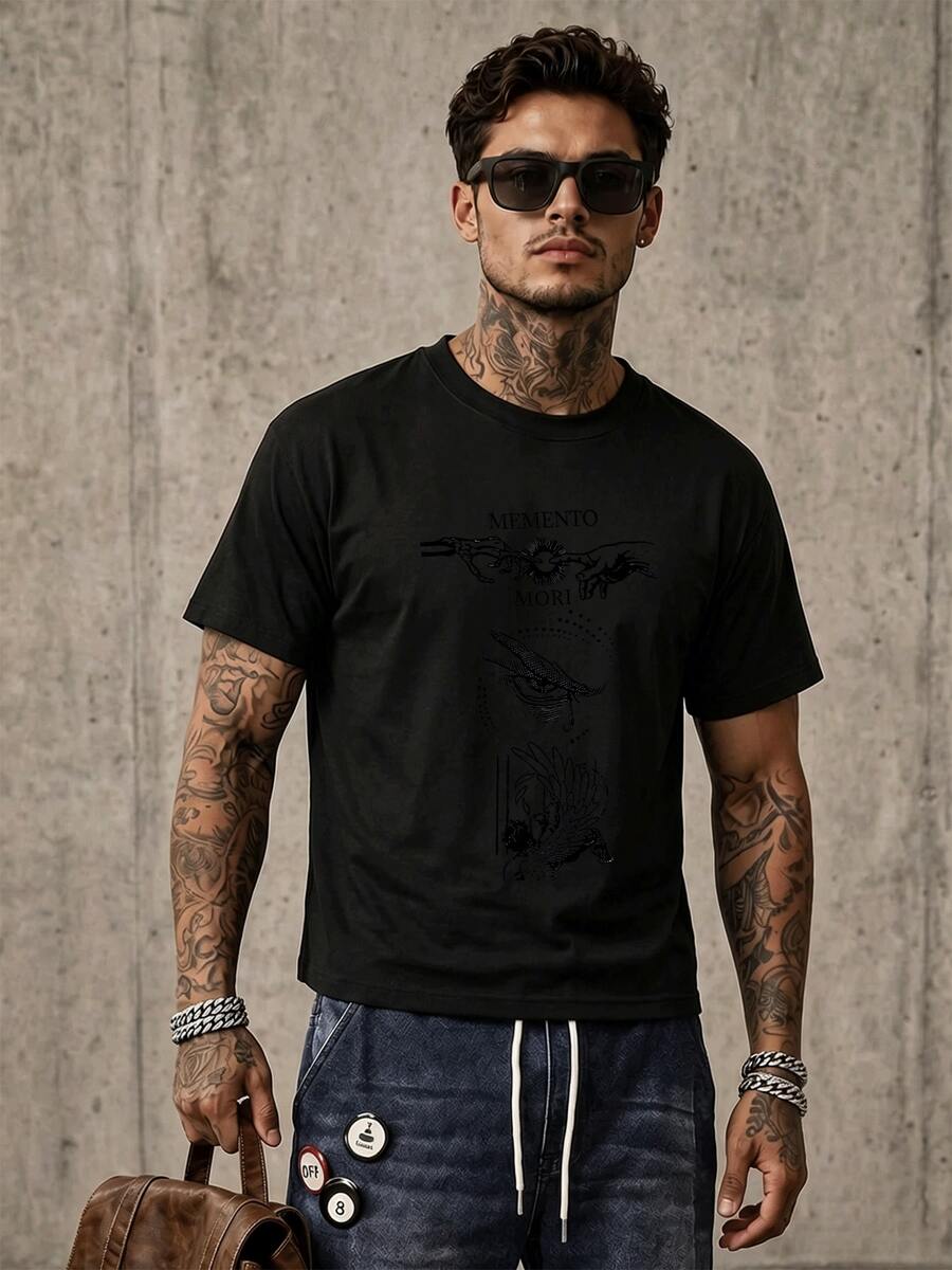 Fliegender Engel greift nach Licht w?hrend zwei H?nde die Verg?nglichkeit des Lebens symbolisieren Herren TShirt Casual Rundhals Baumwolle - Schwarz - Übersicht 1