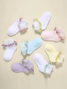 8雙四季通用新生兒/女童/幼兒襪，可愛公主風蕾絲飾邊襪，彩色多巴胺泡泡鬆口襪，刺繡玫瑰花裝飾，柔軟舒適透氣時尚百搭短襪，適合0-14歲，生日禮物/居家日常/戶外旅行/返校季 - 彩色 - 查看 15