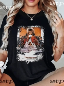 1pcs1pcs Women's Labyrinth Movie Poster Graphic Print Shirt  Casual% Cotton Round Neck Tee Vintage Style Top100Cotton.Png - Black - View 1
