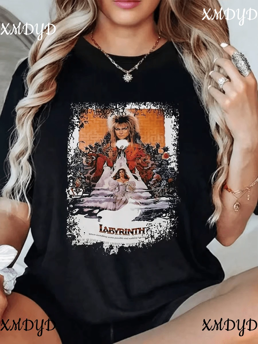 1pcs1pcs Women's Labyrinth Movie Poster Graphic Print Shirt  Casual% Cotton Round Neck Tee Vintage Style Top100Cotton.Png - Black - View 1