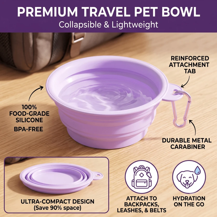 Folding Dog Dish, Pet Bowl Water For Dog Drinking Bowl Cat - Purple - View 1