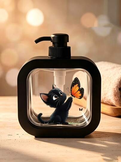 Cute Black Cat Butterfly Print 300ml Soap Dispenser Bottle - Reusable Pump Dispenser, Compact Kitchen/Bathroom Decor, Suitable For Dish Soap, Hand Soap, Lotion - Perfect Housewarming Gift For Dog Lovers, Spring Decor - Plastic Material, Bathroom Accessory, Cute Design, Easy-To-Use Pump, Home Decor