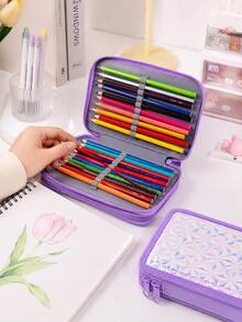 A Purple Gradient Square Pattern 2-Layer Pencil Case, Portable Pencil Case Suitable For Artists And Art Students, A Back-To-School First Day Of School - Purple - View 5