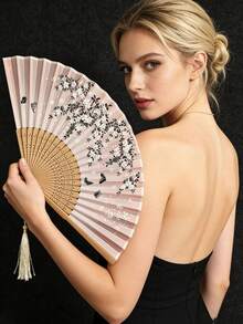 1 pièce Éventail pliant classique, motif de fleurs de cerisier, éventail pliant en bambou tissé à la main avec pompon vintage - Cadeau élégant pour femmes, cadeau de mariage, éventail à main traditionnel chinois, convient pour le printemps et l'été, décoration de mariage et décoration intérieure - Multicolore - Voir 1