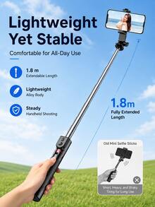 Tripod Tongkat Selfie yang Dapat Diperpanjang 1,8m dengan Pegangan Anti-Guncangan Manual, Remote Bluetooth Nirkabel, Lampu Pengisi Kecantikan Tunggal/Ganda Opsional, Dudukan Ponsel Portabel, Cocok untuk Selfie Perjalanan, Vlog, dan Siaran Langsung - View 6