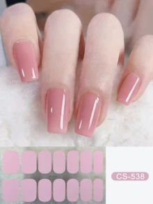 Coral Pink No-Bake Gel Nail Sticker Nail Oil Film Waterproof Nail Sticker Sticker Solid Color Green Onion Powder Jump Color Gradient Full Sticker - 淺粉色 - 查看 7