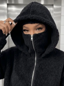 Women's Casual Fleece Balaclava Zip Up Mask Hooded Sweatshirt , Loose Fit, Face And Head Coverage, Autumn/Winter , Black Fall - Black - View 1