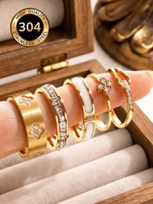 5pcs 18k Gold Plated Exquisite Luxury Sparkling Ring Set, Stainless Steel Jewelry Set, Multiple Sizes Available, Solves Your Size Anxiety, Waterproof, Wear-Resistant, Hypoallergenic, Suitable For Women's Daily Wear, Party, Gift, Vacation, Fashion Jewelry - Yellow Gold - View 2