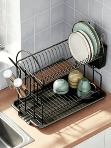 2-Tier Metal Dish Drying Rack With Drain Tray - Kitchen Counter Storage Organizer, Can Hold Plates, Knives, Cups And Cutting Boards, Space Saving, Fast Draining, Smooth Water Flow, Large Capacity Drying Rack, Suitable For Kitchen Countertop Use - Multicolor - View 6