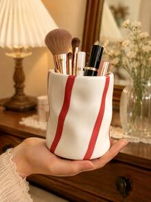 Asymmetrical Pleated Makeup Brush Holder Vertical Striped Cosmetic Storage Cup Red Blue Black Stripes Vintage Farmhouse Style Vanity Desktop Cute Decor Gift - Striped Corrugated Storage - View 9