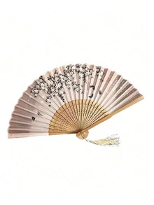 1 pièce Éventail pliant classique, motif de fleurs de cerisier, éventail pliant en bambou tissé à la main avec pompon vintage - Cadeau élégant pour femmes, cadeau de mariage, éventail à main traditionnel chinois, convient pour le printemps et l'été, décoration de mariage et décoration intérieure - Multicolore - Voir 4