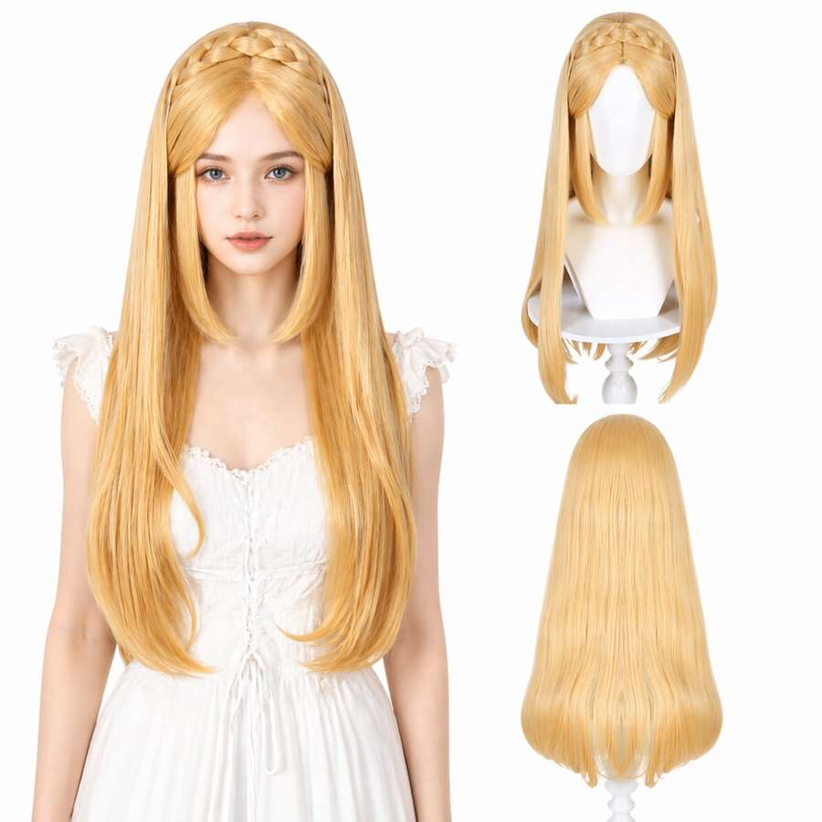 時尚女款公主薩爾達 Cosplay 假髮，耐熱材質，仿真頭皮設計，啞光絲綢材質，玫瑰網，適合日常配戴、節日與派對穿搭