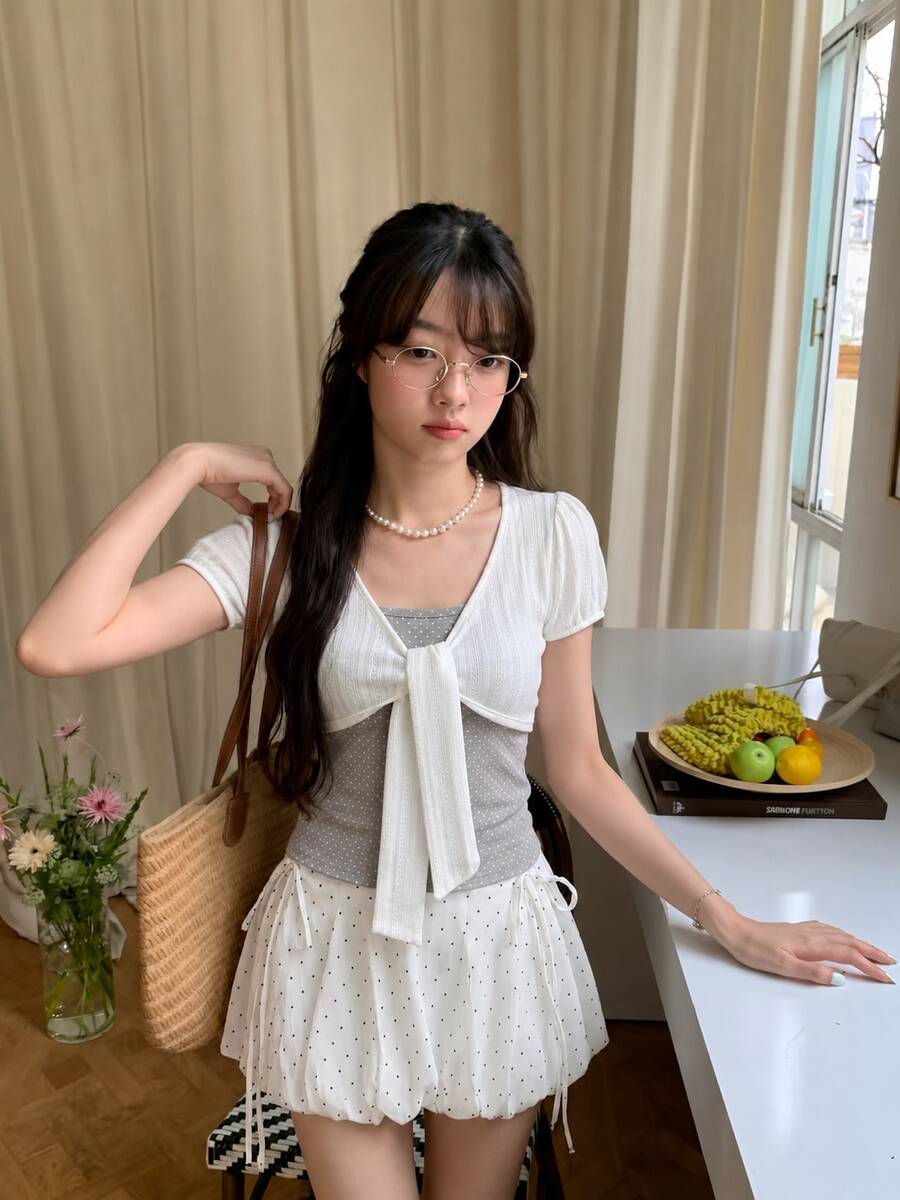 2合1波點V領短袖女款夏季綁繩正肩T恤,修身顯身材設計,性感上衣 - 白拼灰色 - 查看 1