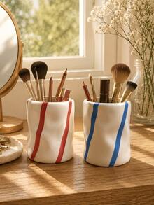 Asymmetrical Pleated Makeup Brush Holder Vertical Striped Cosmetic Storage Cup Red Blue Black Stripes Vintage Farmhouse Style Vanity Desktop Cute Decor Gift - Striped Corrugated Storage - View 5