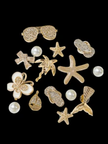 20件米色鞋飾（海星、花朵、貝殼、蝴蝶結）適用於穿孔拖鞋的DIY裝飾配件，完美搭配單品，生日、節日、派對禮物首選 - 金色海洋 - 查看 3