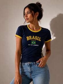Women's Brazil Y2K Shirt – Long Baby Look - Navy Blue - View 1