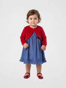 Mundo Nina Kids Vestido Bebê Menina Jeans Aplique Cereja Algodão com Bolero Vermelho Manga Longa Kit 2 Peças Infantil 2 Meses a 4 Anos - Vermelho - Visão 2