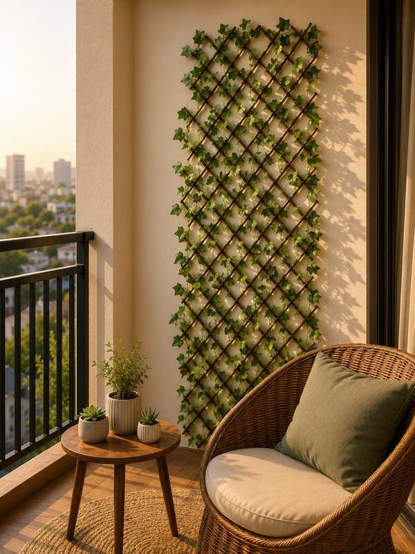Treliça de Madeira Com Plantas Artificial Retrátil  70cmx 2.7m - FL-608