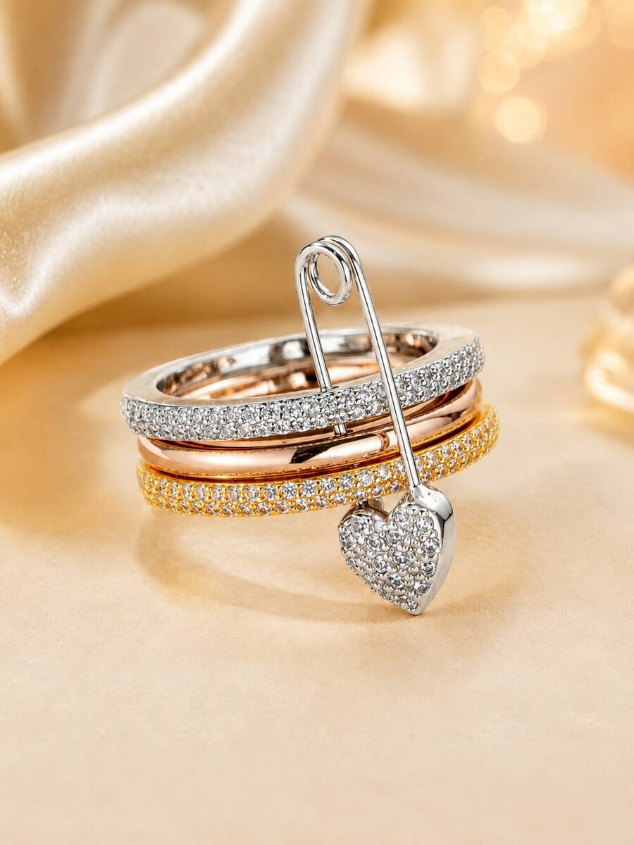 1 pieza Anillo de mujer con diseño único de triple anillo e incrustaciones de circonita cúbica