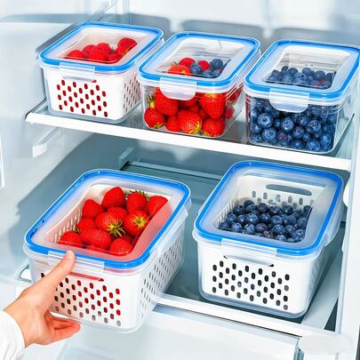4pcs/Set Large Capacity Fruit Storage Containers For Fridge With Removable Colander, Airtight Food Storage Container, Dishwasher  Produce Saver For Refrigerator, Keep Berry Fruit Fresh Longer 2 Boxes+2 Drain Baskets