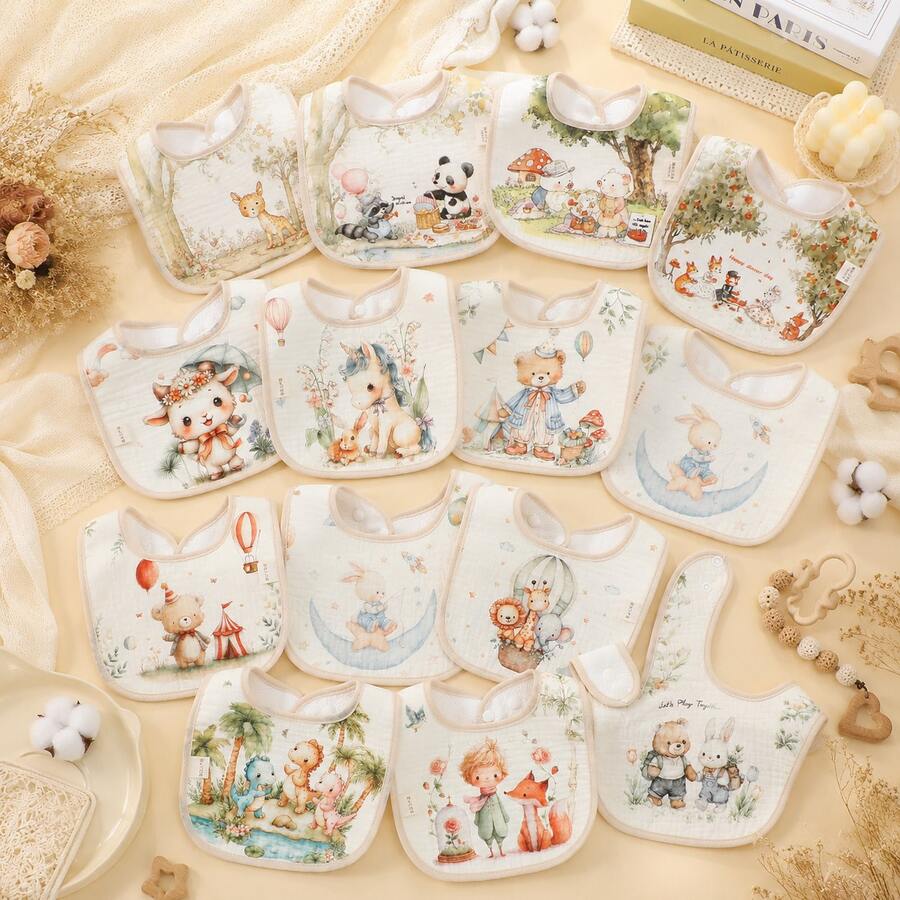 3pcs Cartoon U-Shaped Bibs Cotton Cartoon Animal Print Drool Bibs Baby Bibs - Multicolor - View 1