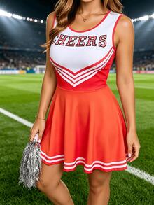 無袖喇叭袖「Cheers」啦啦隊服裝 紅色，對比滾邊，球衣美式足球跑步裝，運動萬聖節服裝 - 紅色 - 查看 2