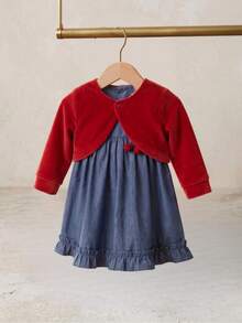 Mundo Nina Kids Vestido Bebê Menina Jeans Aplique Cereja Algodão com Bolero Vermelho Manga Longa Kit 2 Peças Infantil 2 Meses a 4 Anos - Vermelho - Visão 4