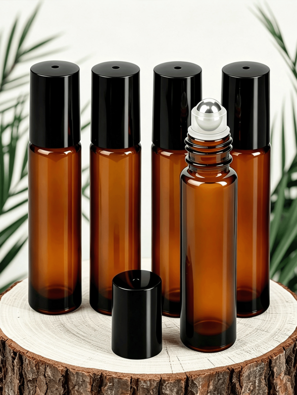 Botella de vidrio ámbar recargable de 10ml con bola rodante de acero inoxidable y tapa, tamaño portátil de viaje, adecuada para perfume, brillo labial, crema para ojos y aceite esencial, regalo perfecto para Halloween y Navidad