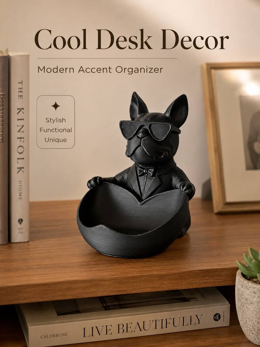 Cool French Bulldog Pen Holder Storage Box With Fashion Glasses, Large Capacity Desktop Pen Cup And Miscellaneous Storage Tray (Suitable For Keys, Coins, Earrings, Rings), Living Room, Entryway, Study Or Office Decorative Ornament, Stable Anti-Tip Design - Multicolor - View 1