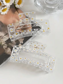 2件組透明簡約雛菊印花方形髮夾 優雅舞會茶會配套髮飾 - 彩色 - 查看 3