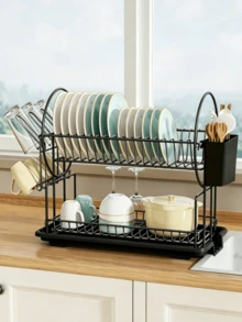 2-Tier Metal Dish Drying Rack With Drain Tray - Kitchen Counter Storage Organizer, Can Hold Plates, Knives, Cups And Cutting Boards, Space Saving, Fast Draining, Smooth Water Flow, Large Capacity Drying Rack, Suitable For Kitchen Countertop Use - Multicolor - View 7