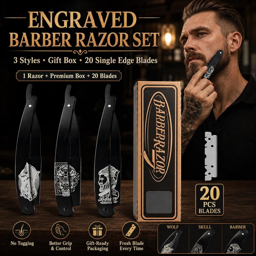 Kit de navaja profesional de borde con cuchillas – Navaja de acero inoxidable para barbería para afeitado de hombres, afeitadora clásica de barbería para afeitados suaves, precisos y cómodos - Maquinilla de afeitar de seguridad + cuchillas - Ver 1