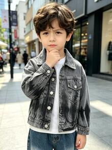 Boys' Loose Fit Denim Jacket, Autumn Style, Suitable For Daily Wear, Back To School, Outdoor Activities - Grey - View 6