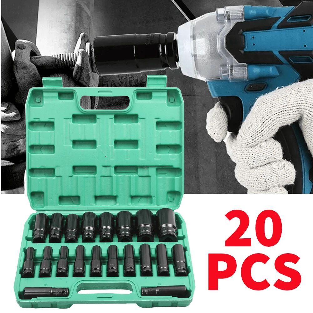 20-teiliges 1/2'-Schraubendreher-Metrisches Tiefen-Schlagschraubendreher-Set, Cr-V-Stahl Metrisches Werkzeugset 8 mm-32 mm, Chrom-Vanadium-Stahl Elektrischer Schraubenschlüssel Verlängerter Sechskant-Schraubendreher-Set, Universelles Kombiniertes Steckschlüsselkopf, Auto-Wartungswerkzeugset - 20tlg - Übersicht 1